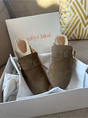 See By Chloé Olive-Tan Suede Buckle Mules